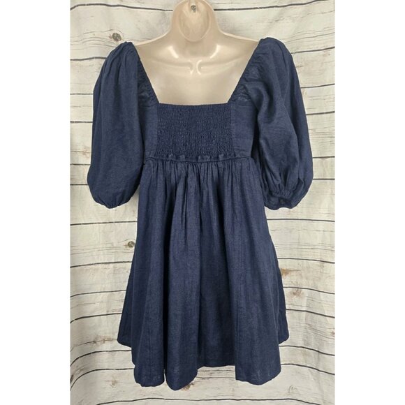 Abercrombie & Fitch Emerson Linen Blend Dress XS Navy Blue Puff Sleeve Pleated - Picture 6 of 8